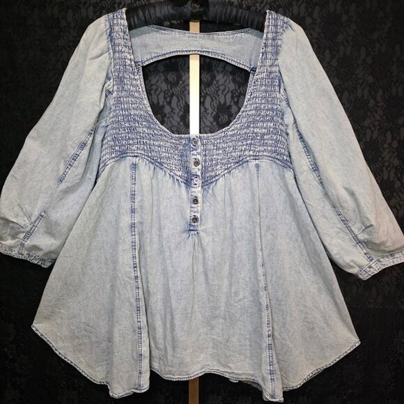 NWOT Free People Smock It To Me Denim Top XL - Picture 2 of 13